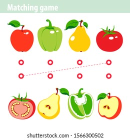 Matching game for children. Worksheet.  Educational a mathematical game. Apple. Pear. Pepper. Tomato.
