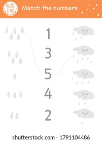 Juego que coincide con nube y gotas de lluvia. Actividad matemática del clima otoñal para niños preescolares. Hoja de cálculo de recuento de temporada de otoño. Imprimible educativo con elementos graciosos lindos para los niños
