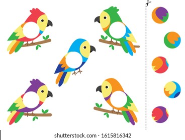 Matching game with colorful cartoon parrots. Puzzle for kids.