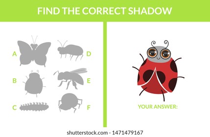 Matching Game with Cute Insects, Find the Correct Shadow Educational Game for Kids Vector Illustration