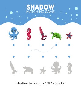 Matching Game with Cute Sea Creatures, Octopus, Squid, Turtle, Seahorse, Starfish, Find the Correct Shadow Educational Game for Kids Vector Illustration