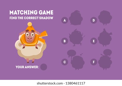 Matching Game with Cute Sheep, Find the Correct Shadow Educational Game for Kids Vector Illustration