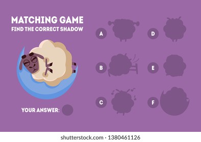 Matching Game with Cute Sleeping Sheep, Find the Correct Shadow Educational Game for Kids Vector Illustration