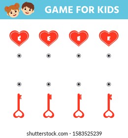 Matching game for the development of logical thinking of children. Match of the key to your heart. Vector illustration. Kids activity sheet