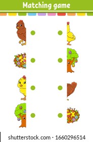 Matching game. Draw a line. Easter theme. Education developing worksheet. Activity page with color pictures. Riddle for children. Isolated vector illustration. Funny character. Cartoon style.