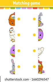 Matching game. Draw a line. Easter theme. Education developing worksheet. Activity page with color pictures. Riddle for children. Isolated vector illustration. Funny character. Cartoon style.