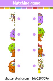 Matching game. Draw a line. Easter theme. Education developing worksheet. Activity page with color pictures. Riddle for children. Isolated vector illustration. Funny character. Cartoon style.