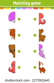Matching game. Draw a line. Education developing worksheet. Activity page with color pictures. Riddle for children. Isolated vector illustration. Cute character. Cartoon style.