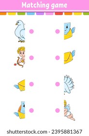 Juego coincidente. Dibujar una línea. Educación desarrollando hoja de trabajo. Página Actividad con imágenes de color. Riddle por los niños. Carácter lindo. Estilo de caricatura. Ilustración vectorial.