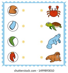 Matching game, education game for children. Find the right parts, set of cartoon animals. Walrus, Crab, Manatee, Turtle