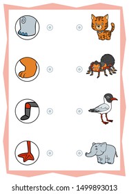 Matching game, education game for children. Find the right parts, set of cartoon animals. Elephant, Cat, Tarantula, Gull