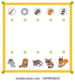 Matching game, education game for children. Find the right parts, set of cartoon animals. Possum, Beaver, Rabbit, Squirrel, Bassariscus