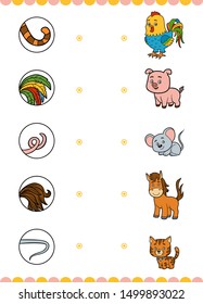 Matching game, education game for children. Find the right parts, set of cartoon animals. Mouse, Cat, Horse, Rooster, Pig