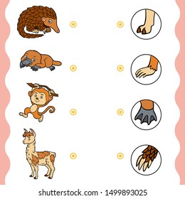 Matching game, education game for children. Find the right parts, set of cartoon animals. Platypus, Pangolin, Monkey, llama