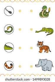 Matching game, education game for children. Find the right parts, set of cartoon animals. Elephant, Crocodile, Rattle snake, Tiger