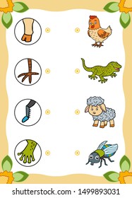 Matching game, education game for children. Find the right parts, set of cartoon animals. Gecko, Fly, Sheep, Chicken