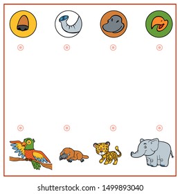 Matching game, education game for children. Find the right parts, set of cartoon animals. Elephant, Platypus, Jaguar, Parrot