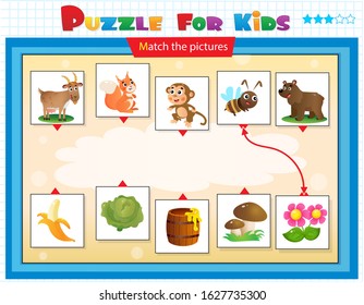 Matching game, education game for children. Puzzle for kids. Match the right object. Cartoon Animals and their Favorite Food. Goat, squirrel, monkey, bee, bear.