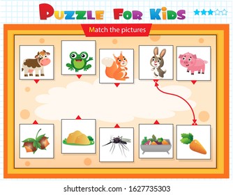 Matching game, education game for children. Puzzle for kids. Match the right object. Cartoon Animals and their Favorite Food. Cow, frog, squirrel, hare, pig.