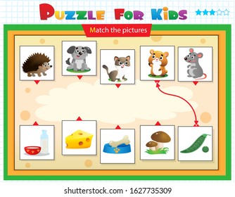 Matching game, education game for children. Puzzle for kids. Match the right object. Cartoon Animals and their Favorite Food. Hedgehog, dog, cat, hamster, mouse.