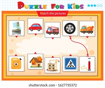 Matching game, education game for children. Puzzle for kids. Match the right object. Transport. Fire truck, cement truck, car.