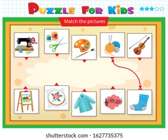 Matching game, education game for children. Puzzle for kids. Match the right object. Hobbies, creativity and leisure.