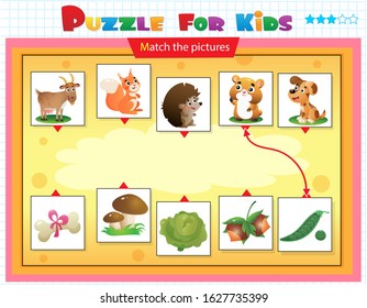 Matching game, education game for children. Puzzle for kids. Match the right object. Cartoon Animals and their Favorite Food. Goat, squirrel, hedgehog, hamster, dog.