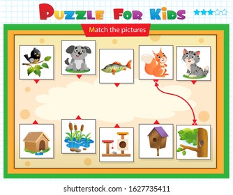 Matching game, education game for children. Puzzle for kids. Match the right object. Cartoon animals with their homes. Bird, dog, fish, squirrel, cat.