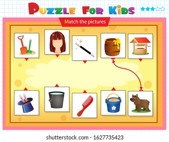 Matching game, education game for children. Puzzle for kids. Match the right object.