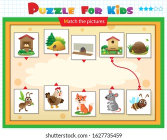 Matching game, education game for children. Puzzle for kids. Match the right object. Cartoon animals with their homes. Ant, chicken, fox, mouse, bee.