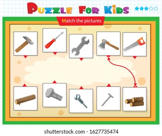 Matching game, education game for children. Puzzle for kids. Match the right object. Set of tools. Hammer, saw, axe, wrench, screwdriver.