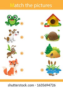 Matching game, education game for children. Puzzle for kids. Match the right object. Cartoon animals with their homes. Frog, dog, ant, fox.