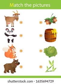 Matching game, education game for children. Puzzle for kids. Match the right object. Cartoon Animals and their Favorite Food. Goat, panda, squirrel, bear.