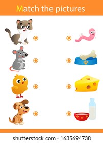 Matching game, education game for children. Puzzle for kids. Match the right object. Cartoon Animals and their Favorite Food. Cat, mouse, chicken, dog.