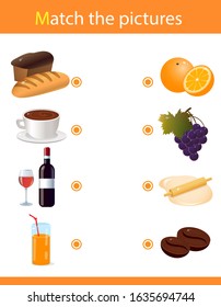 Matching game, education game for children. Puzzle for kids. Match the right object. Foods. Tableware and cookware.