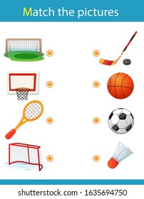 Matching game, education game for children. Puzzle for kids. Match the right object. Sports equipment. Basketball, soccer, hockey, badminton.