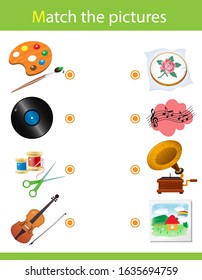 Matching game, education game for children. Puzzle for kids. Match the right object. Hobbies, creativity and leisure.