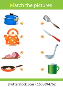 Matching game, education game for children. Puzzle for kids. Match the right object. Foods. Tableware and cookware.