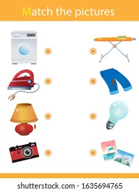 Matching game, education game for children. Puzzle for kids. Match the right object. Set of electrical appliances. Washing machine, iron, lamp, camera.