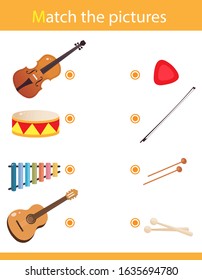 Matching game, education game for children. Puzzle for kids. Match the right object. Musical instruments. Violin, drum, guitar, xylophone.