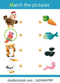 Matching game, education game for children. Puzzle for kids. Match the right object. Cartoon Animals and their Favorite Food. Chicken, parrot, hamster, pelican.