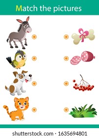 Matching game, education game for children. Puzzle for kids. Match the right object. Cartoon Animals and their Favorite Food. Donkey, bird, dog, cat.