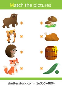 Matching game, education game for children. Puzzle for kids. Match the right object. Cartoon Animals and their Favorite Food. Bear, hedgehog, hamster, fox.