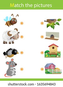 Matching game, education game for children. Puzzle for kids. Match the right object. Cartoon animals with their homes. Bee, sheep, bird, mouse.