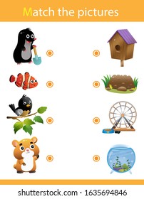 Matching game, education game for children. Puzzle for kids. Match the right object. Cartoon animals with their homes. Mole, fish, bird, hamster.