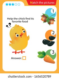 Matching game, education game for children. Puzzle for kids. Match the right object. Help the chick find its favorite food.