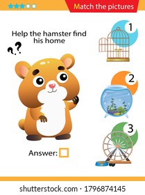 Matching game, education game for children. Puzzle for kids. Match the right object. Help the hamster find his home.
