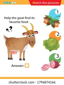 Matching game, education game for children. Puzzle for kids. Match the right object. Help the goat find its favorite food.
