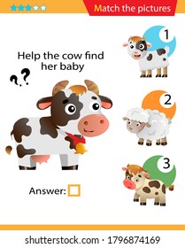 Matching game, education game for children. Puzzle for kids. Match the right object. Help the cow find her cub.