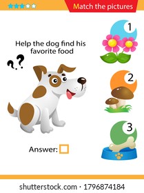 Matching game, education game for children. Puzzle for kids. Match the right object. Help the dog find his favorite food.